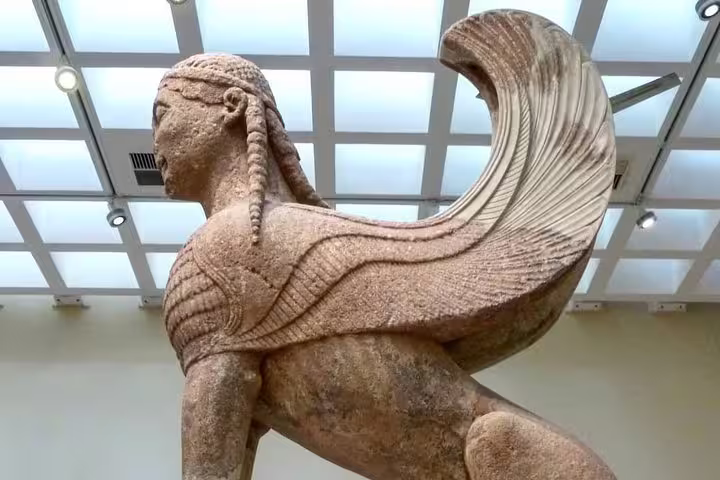Winged Sphinx of Naxos statue at Delphi Museum, highlight of Delphi and Thermopylae full day tour