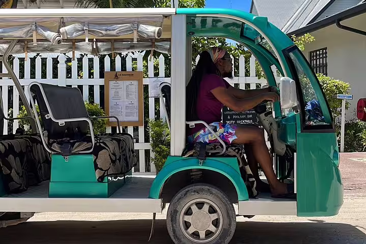 Woman driving an open-air electric vehicle on La Digue, highlighting sustainable travel options for Seychelles tours.