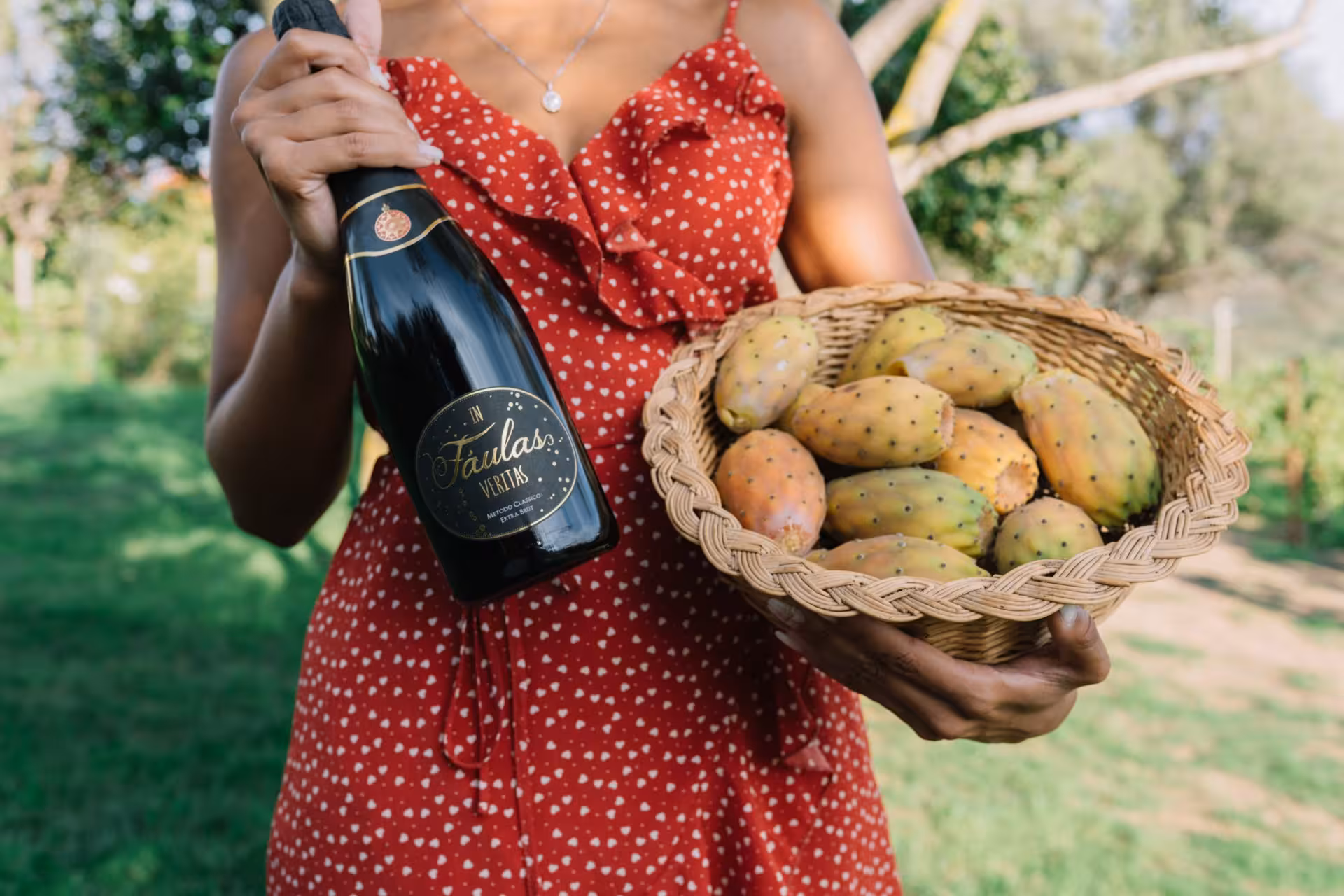 Woman in a red dress holding a bottle of Faulas Veritas wine and a basket of cactus pears in Gallura winery tour.