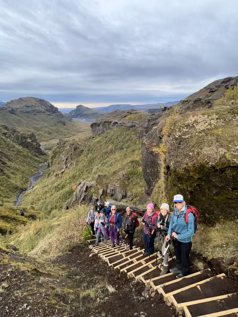Group of women hikers ascending wooden steps through lush Þórsmörk landscape during a 3-day tour.