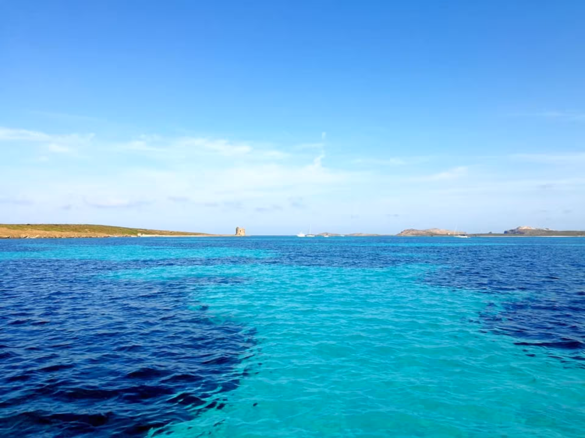 Vibrant turquoise waters around Asinara Island viewed from a wooden boat excursion departing Stintino.