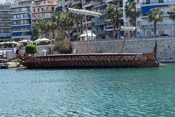 Traditional wooden boat at Piraeus marina, Athens Riviera coastal drive on Cape Sounio private tour to Poseidon