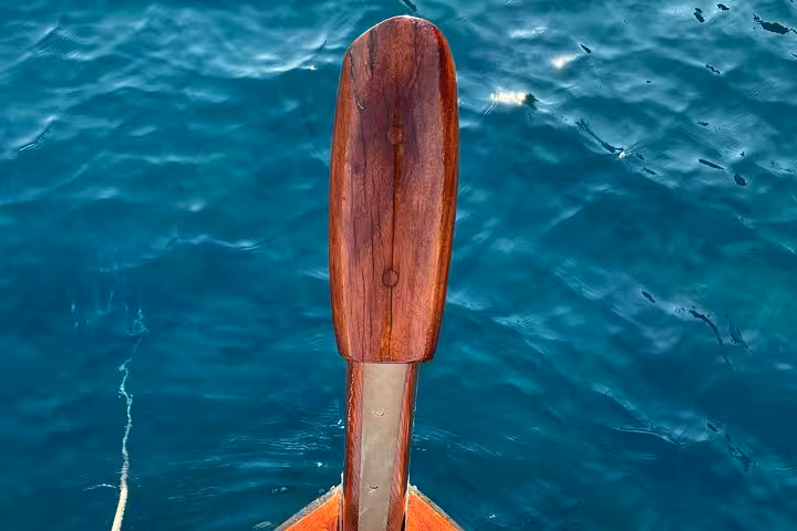 Close-up of a wooden oar against the clear blue sea in La Spezia, ideal for a serene boating experience.