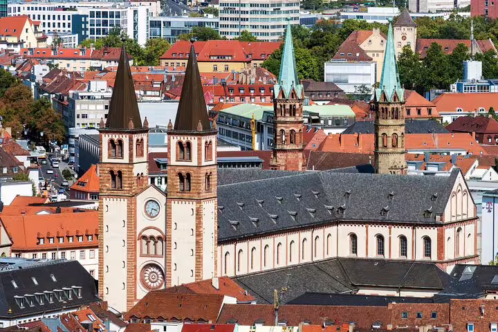 Aerial view of Würzburg Cathedral and old town rooftops, key stop on a self-guided scavenger hunt tour