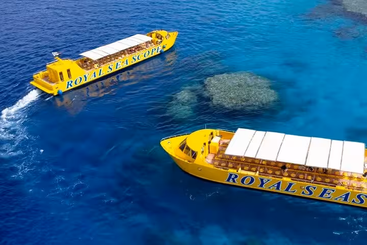 Yellow semi submarine Sea Scope cruising over Red Sea reefs in Sharm El-Sheikh, underwater tour with transfer