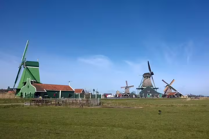 Panoramic Zaanse Schans windmills and green mill house, classic Dutch countryside on small-group tour from Amsterdam