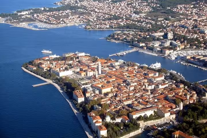 Aerial view of Zadar old town peninsula on Adriatic coast, pickup point for Plitvice Lakes tour to Zagreb