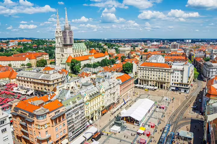 Aerial view of Ban Jelačić Square and Zagreb Cathedral, key stops on a self-guided scavenger hunt walk