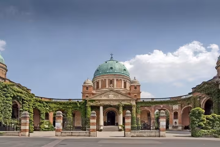Zagreb BIG Tour view of Mirogoj Cemetery arcades and green dome, iconic Zagreb landmark in Croatia