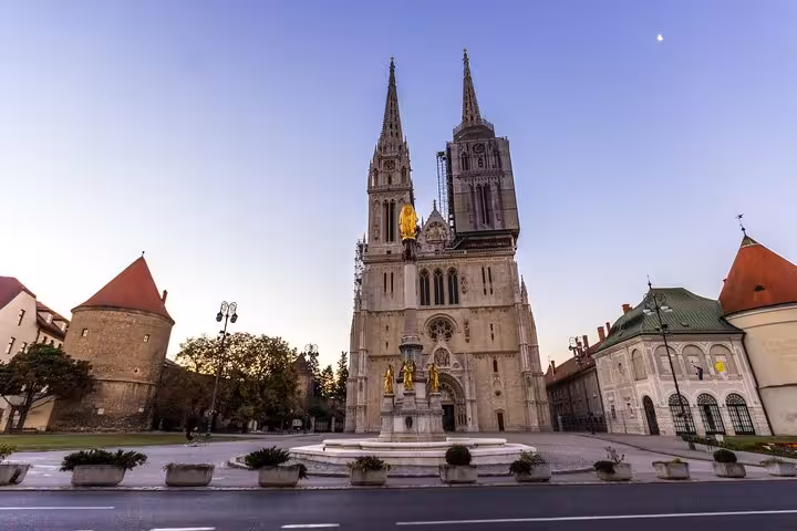Zagreb Cathedral and fountain at dusk, highlight of 3-day Dubrovnik to Zagreb tour via Plitvice