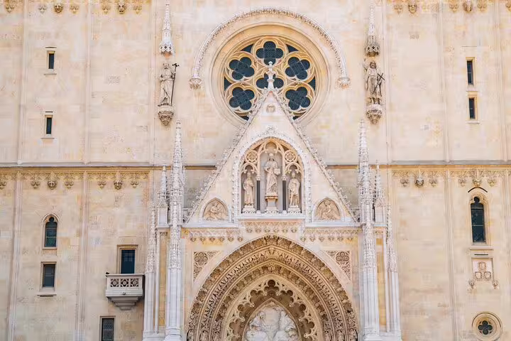 Zagreb Cathedral Gothic portal and rose window detail, highlight on the self-guided scavenger hunt tour