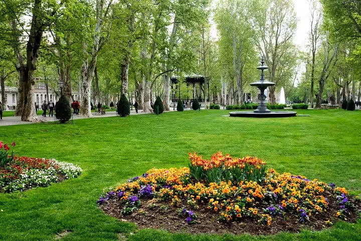 Zagreb Zrinjevac Park spring gardens and fountain, ideal city start for Zagreb to Zadar Plitvice Lakes private tour