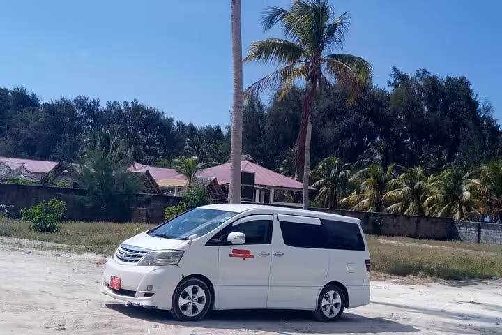 Luxury minivan in a scenic Zanzibar setting, offering private transfers from airport to hotel with tropical views.