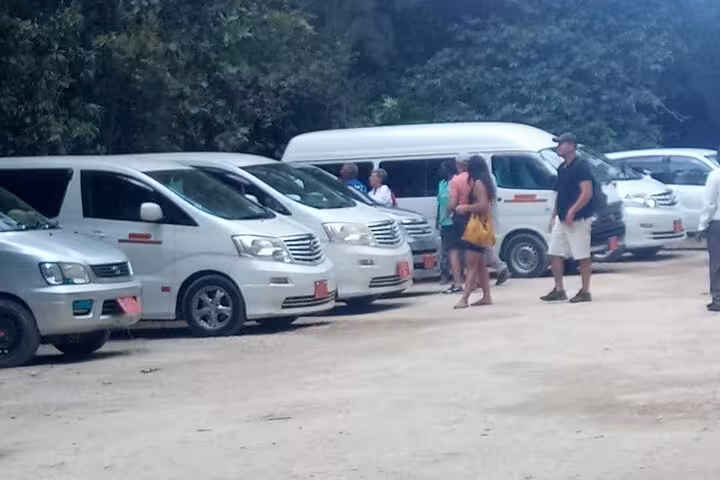 Fleet of private transfer vans ready for Zanzibar Airport hotel transportation.