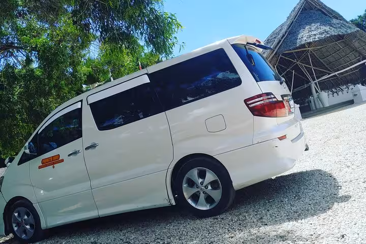White van for private round trip airport transfer in Zanzibar parked near tropical thatched building.