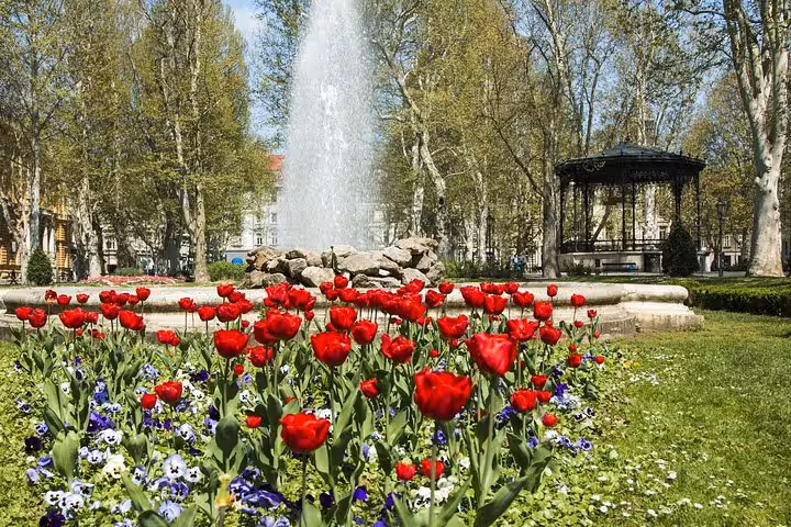 Zrinjevac Park fountain and spring tulips in central Zagreb, scenic stop on a 2-hour private walking tour
