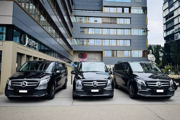 Fleet of Mercedes vans for Zurich Airport transfers, private shuttle service for groups and business travel