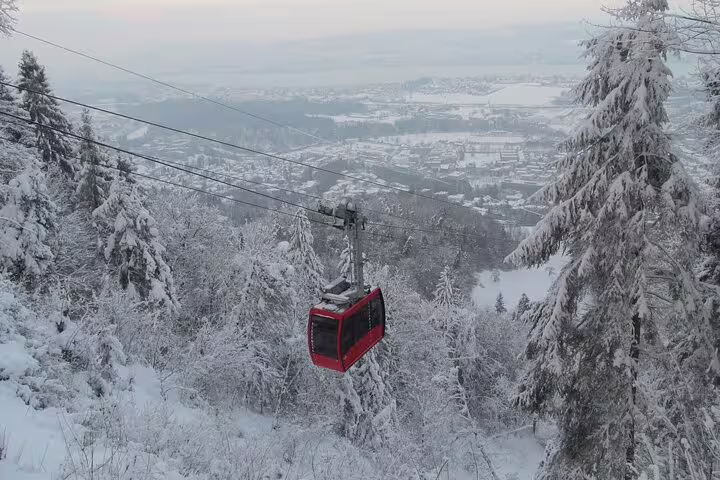 Red cable car gliding above snow-covered trees offering panoramic views of Zurich in winter.