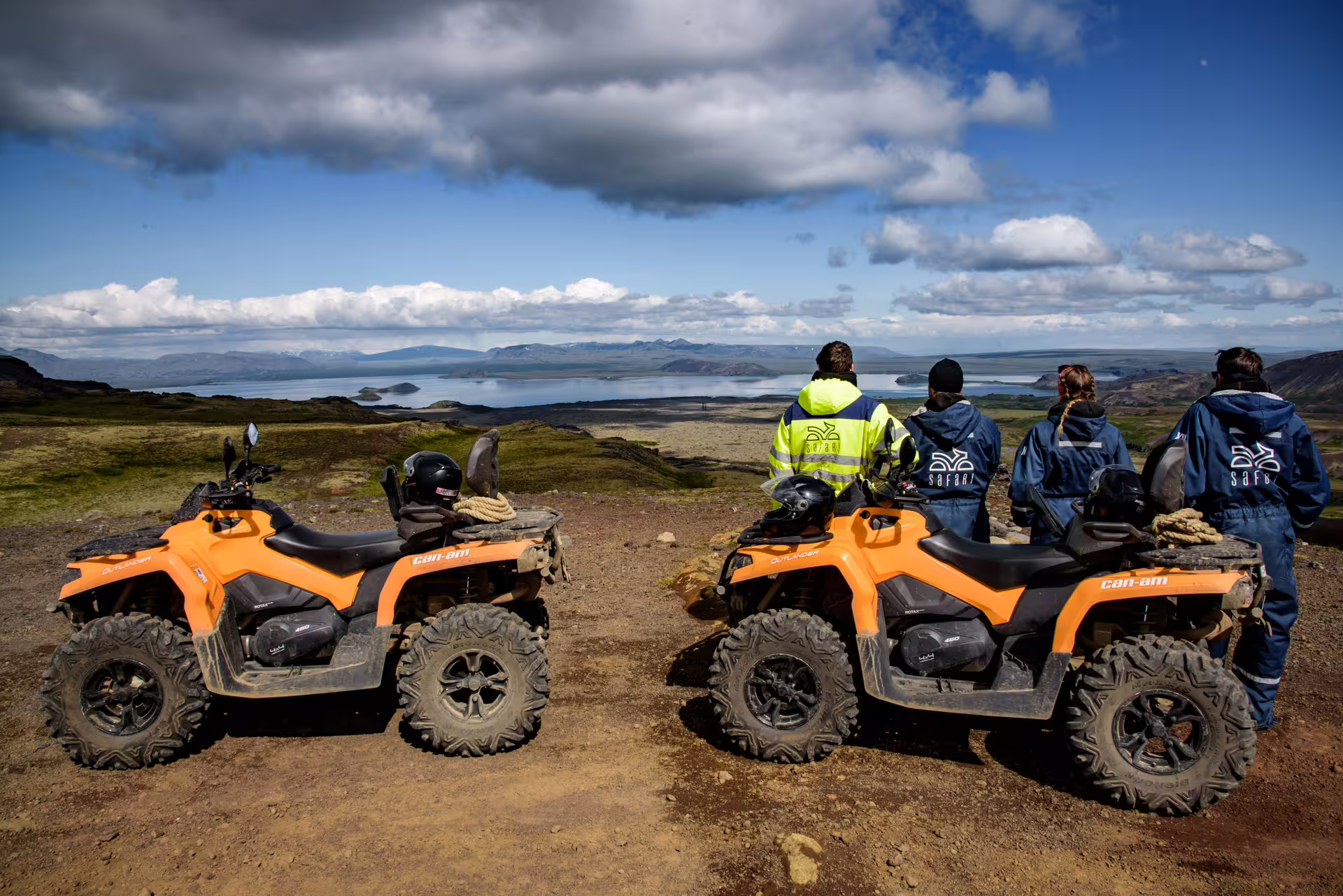 ATV riders enjoy breathtaking views of Reykjavik's rugged landscapes during the 1 Hour Reykjavik Peak ATV adventure tour.