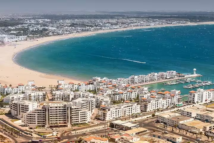 Aerial view of Agadir bay and marina, Atlantic coast stop on Morocco Anti-Atlas & Sahara 8 days tour