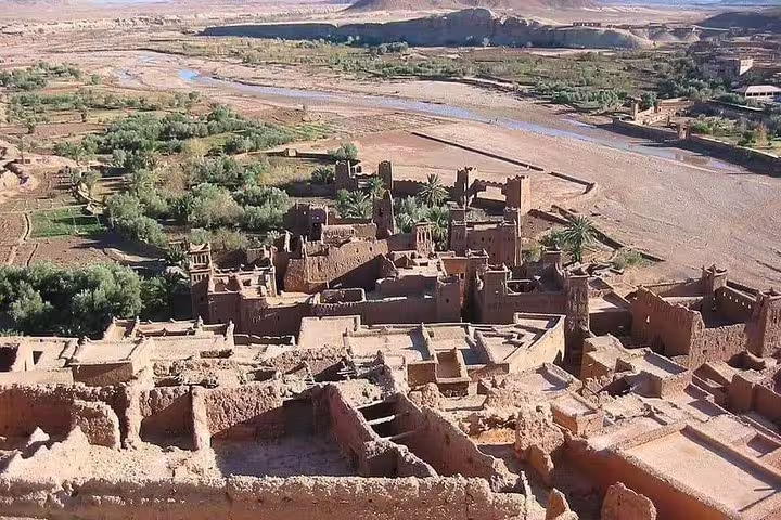 Aerial view of Ait Benhaddou kasbah near Ouarzazate, key stop on Morocco Anti-Atlas Sahara tour