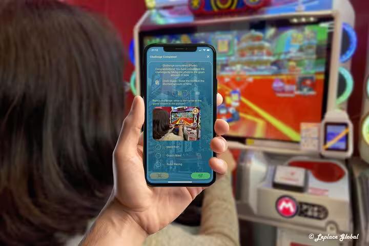 Tourist using Akihabara anime gaming tour mobile app to complete interactive challenge at arcade in Tokyo