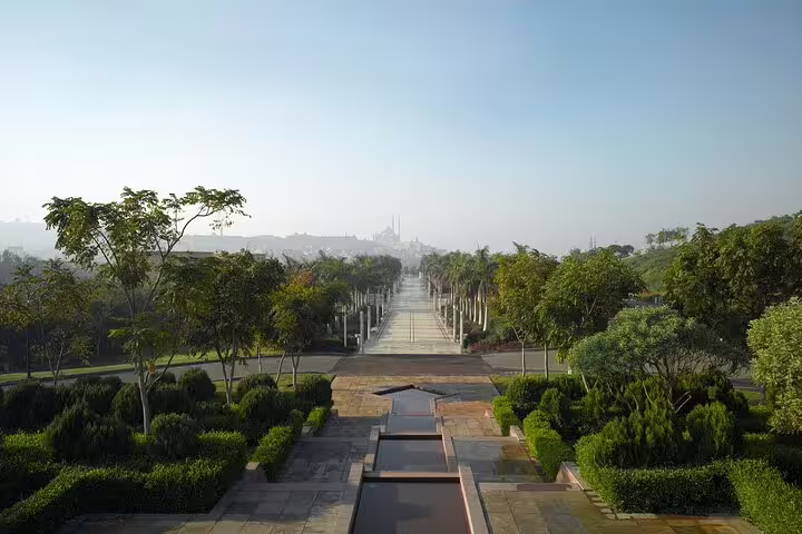 Panoramic garden promenade and fountains at Al Azhar Park Cairo, part of Al-Mu'izz Street tour and dinner
