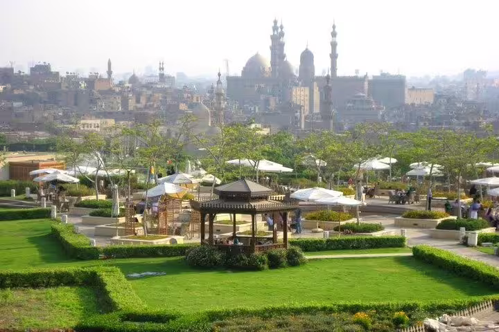 Gazebo and lawns in Al Azhar Park overlooking Islamic Cairo, part of Al-Mu'izz Street tour with dinner