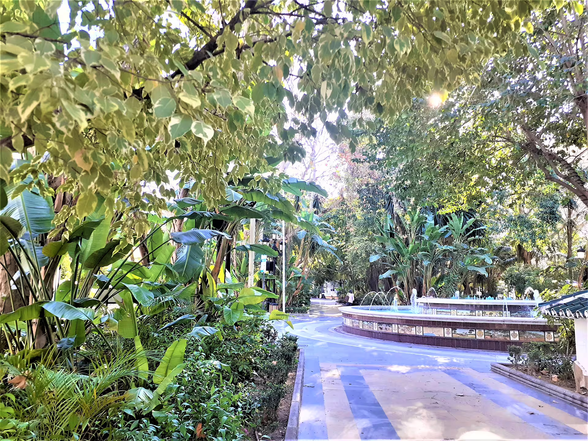 Lush Alameda Park fountain in Marbella, Spain, a relaxing stop on a guided group walking tour