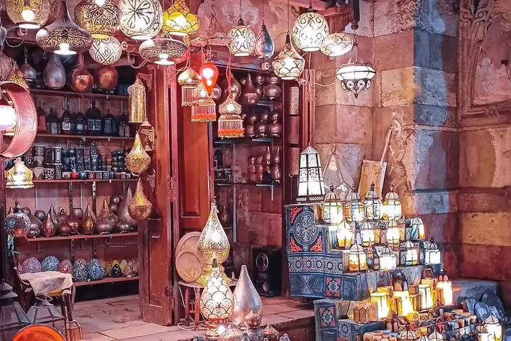 Alexandria bazaar lantern shop on shore excursion from Alexandria Port, colorful Egyptian lamps and souvenirs
