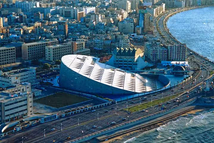Aerial view of Alexandria Bibliotheca and Corniche coast on Cairo to Alexandria private tour with tickets and lunch