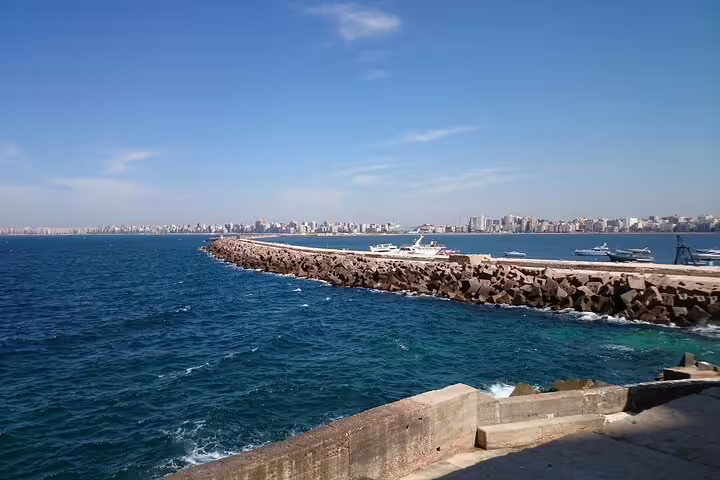 Alexandria Corniche breakwater and blue Mediterranean view, private Cairo to El Alamein and Alexandria tour