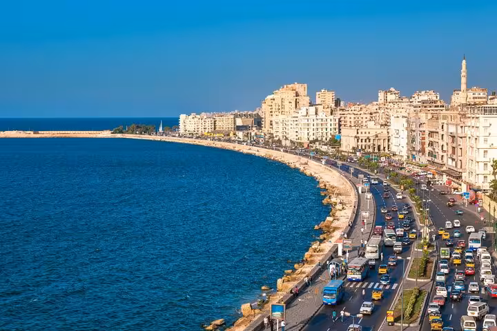 Alexandria Corniche waterfront skyline on Cairo to Alexandria tour, Mediterranean sea views and coastal road