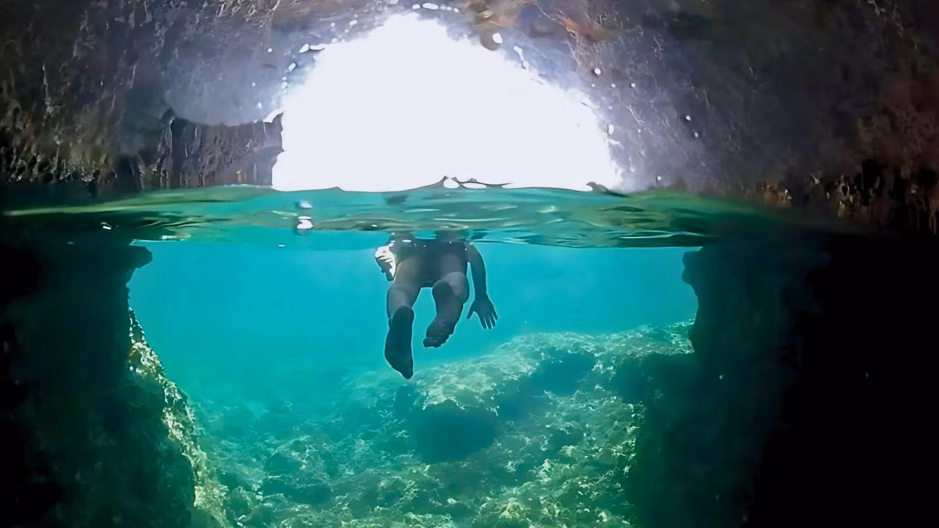 Snorkeler exploring underwater cave in Porto Conte during Alghero dinghy tour with clear turquoise waters.