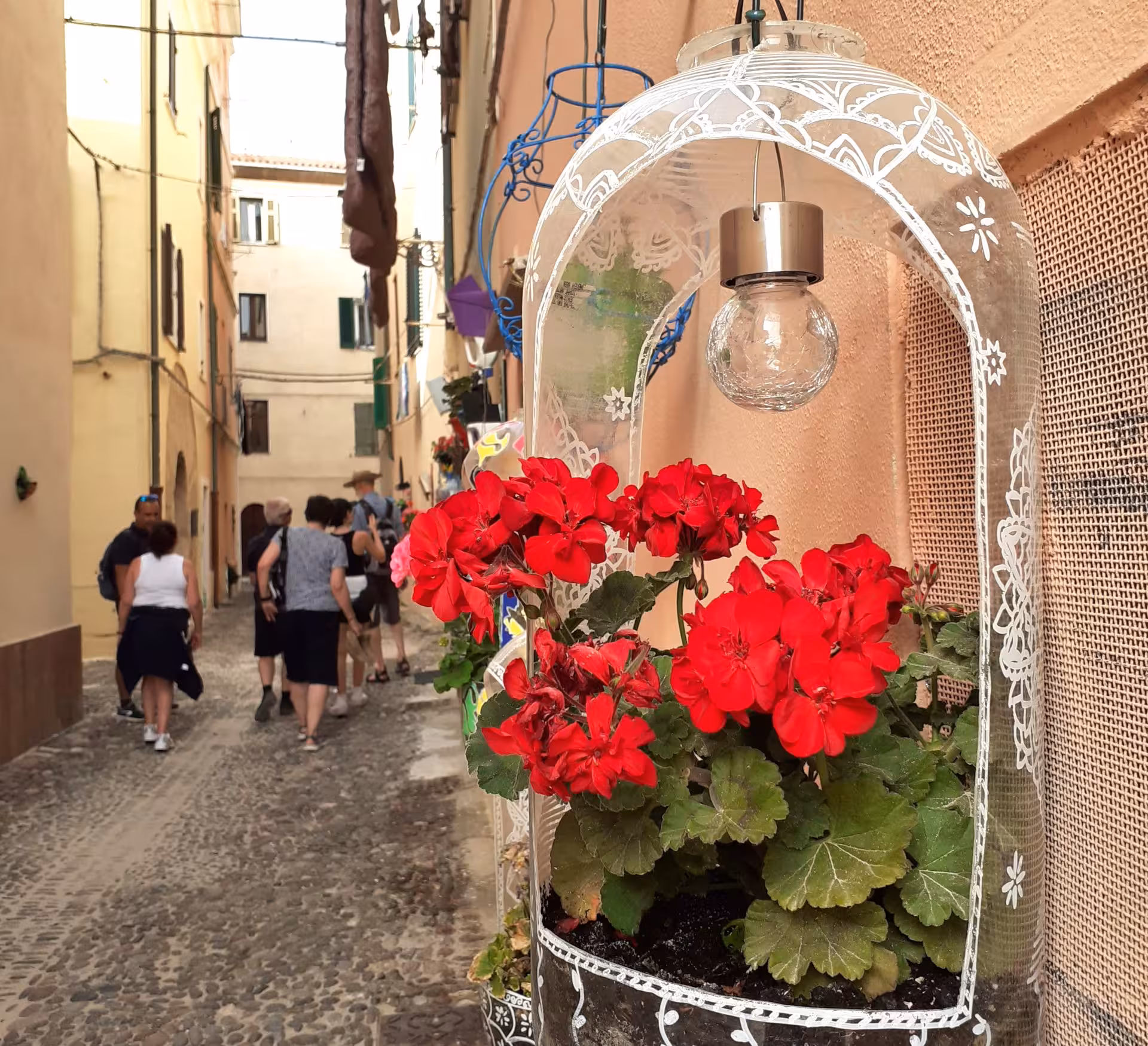 Charming Alghero alley with vibrant red flowers and tourists exploring the historic city centre.