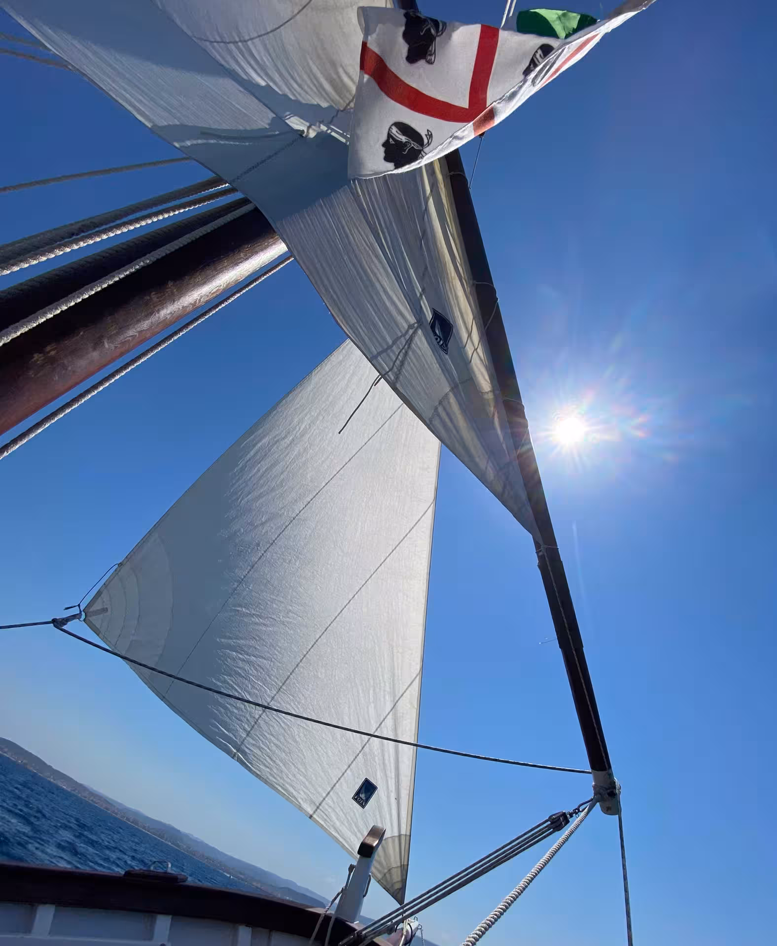Sailing boat with billowing sails and Sardinian flag against a bright blue sky on an Alghero 4-hour sea adventure.