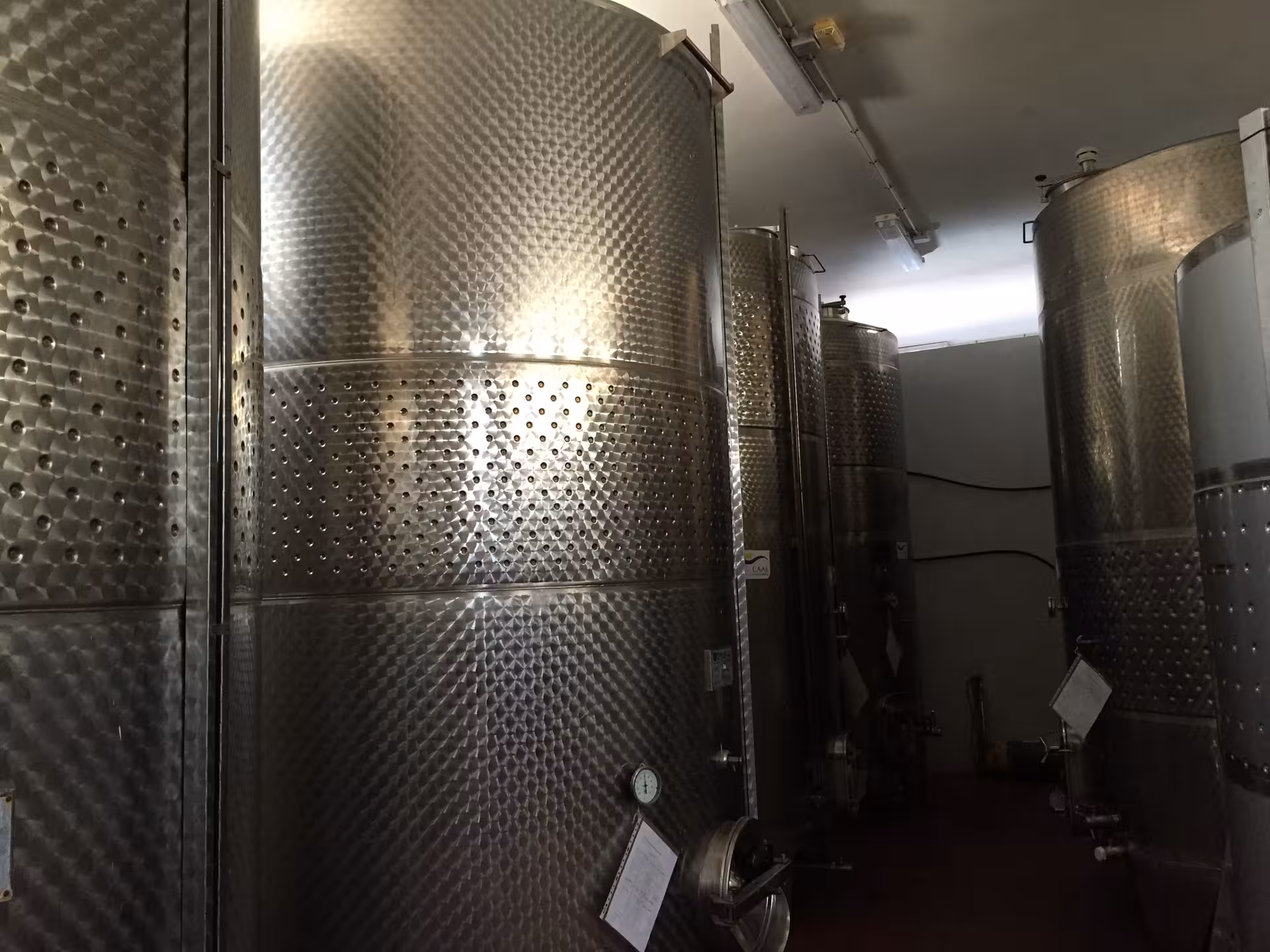 Stainless steel fermentation tanks in a winery highlight the wine production process in Almería.