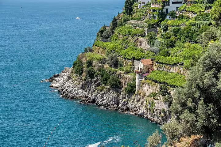 Terraced vineyards and villas on a dramatic Amalfi Coast cliff above turquoise Tyrrhenian Sea on a private guided tour