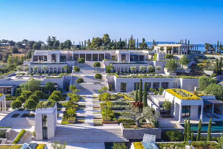 Amanzoe luxury resort near Porto Heli, ideal destination on a private transfer from Athens with sea views