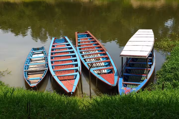 Colorful wooden canoes on calm Amazon river, transport for Tucandeira Ants Indigenous Ritual jungle excursion