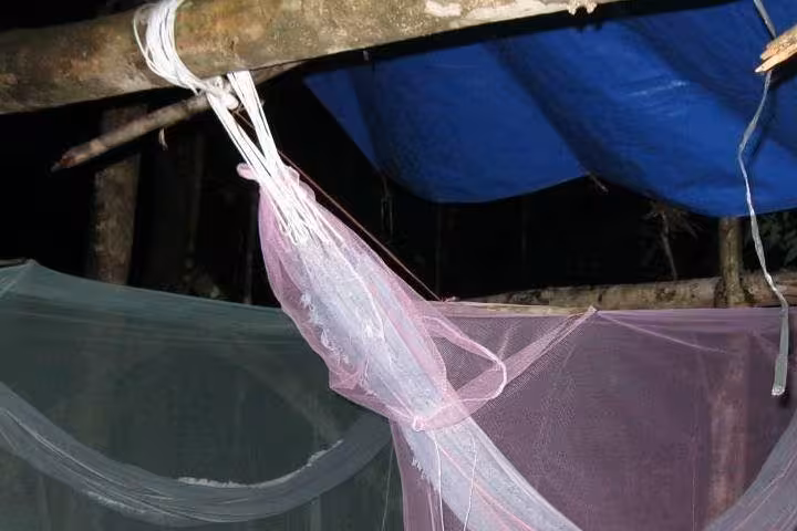 Mosquito net hammock in a rustic Amazon jungle lodge, overnight stay on a 3-day Amazon adventure tour