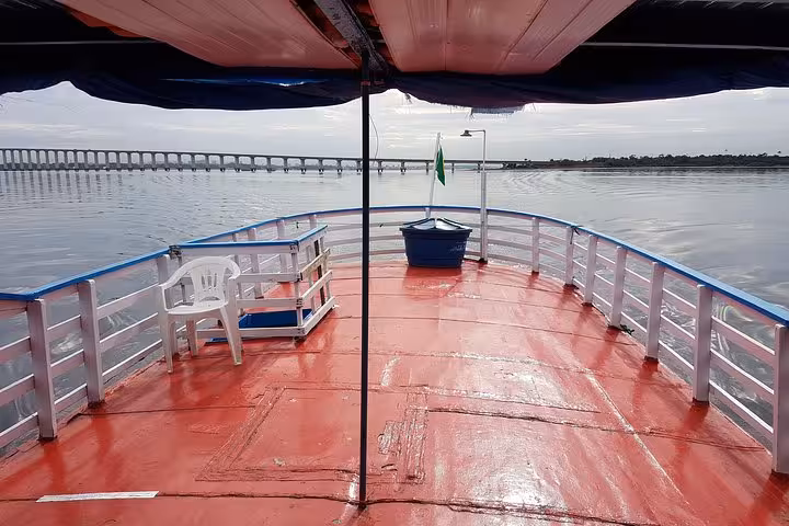 Front deck view on Amazon River boat from Manaus, Brazil, cruising past bridge on a rainforest adventure tour