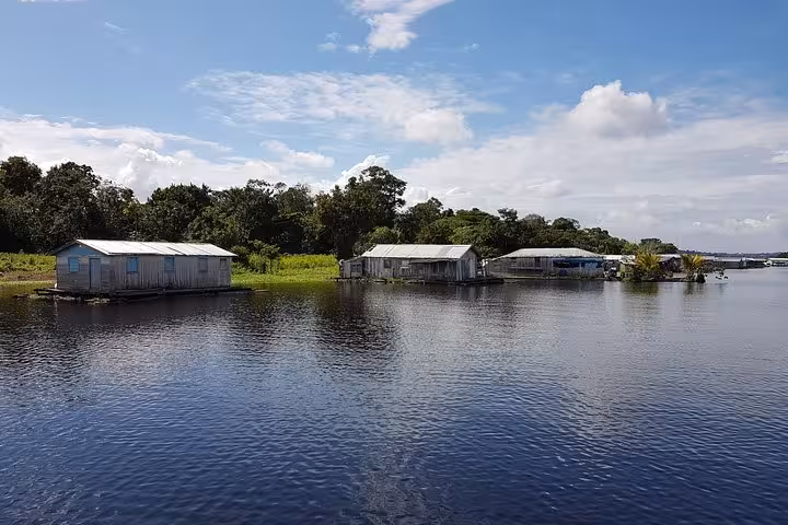 Amazon riverside floating houses and rainforest shoreline seen on a Manaus Amazon River boat tour