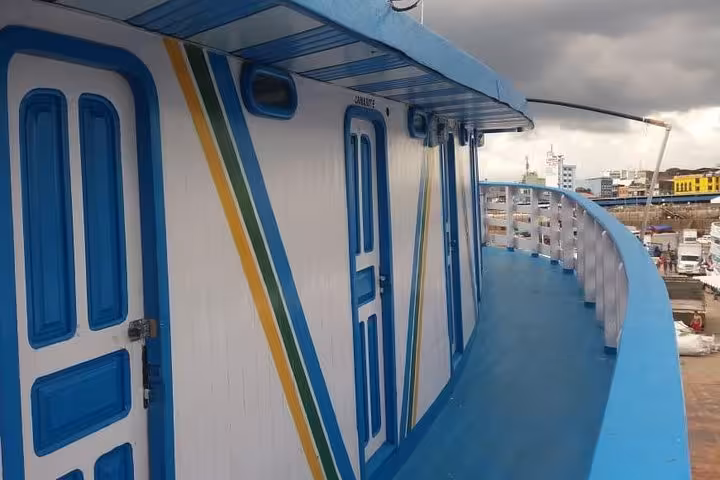 Upper deck corridor and cabins on Amazon riverboat, comfortable 6-day Manaus to Tabatinga upstream journey
