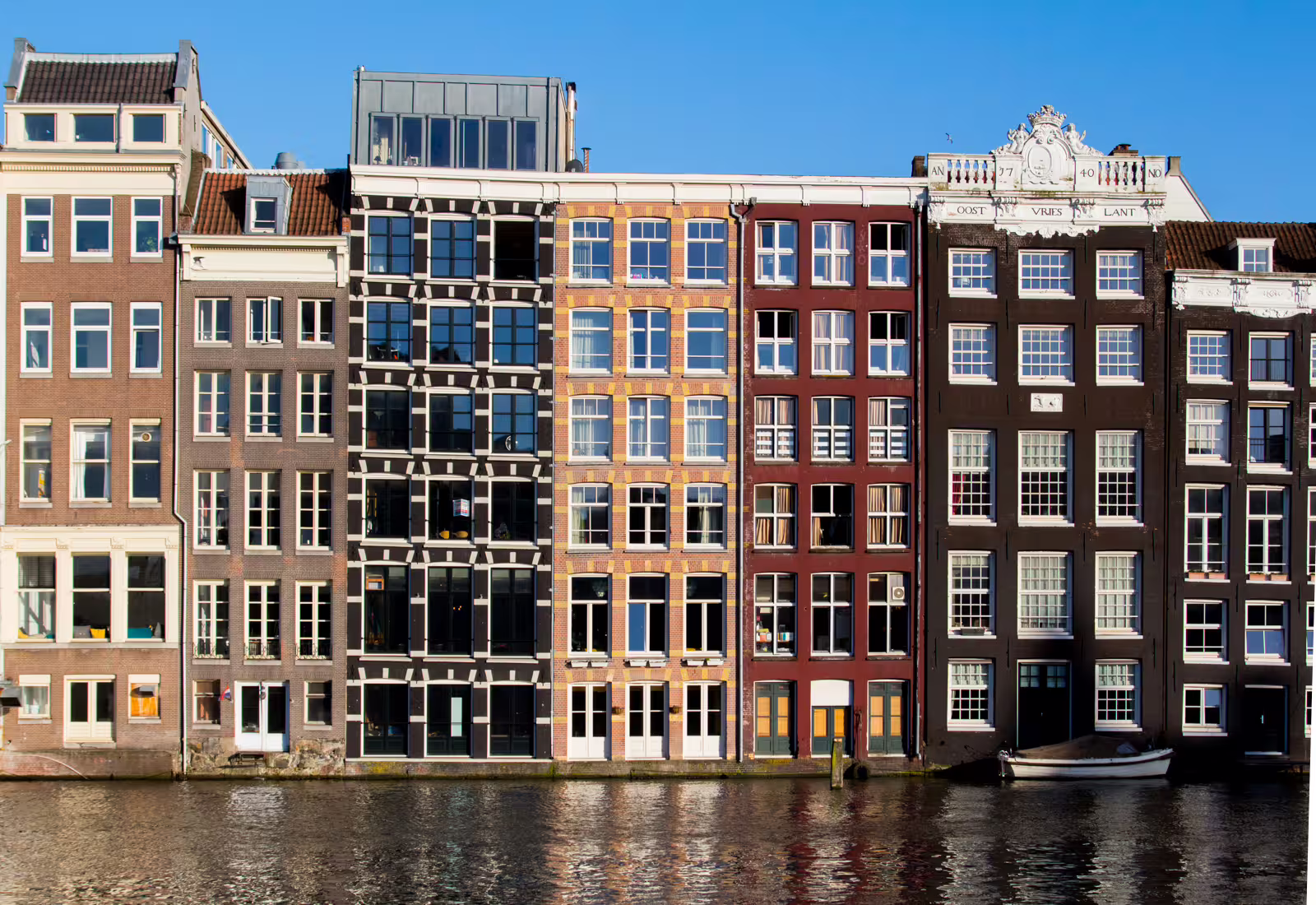 Historic Amsterdam canal houses reflecting in the water under a clear blue sky, perfect for a private walking tour.