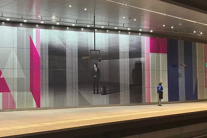Amsterdam metro platform with bold geometric wall art, a highlight on Your Own Amsterdam Art Underground tour