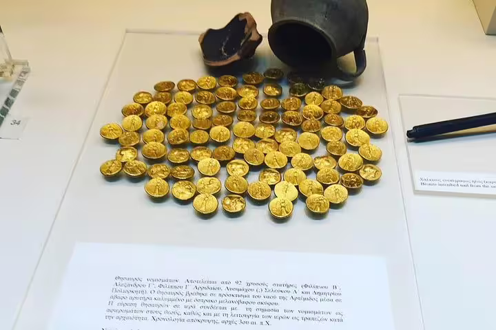 Ancient gold coins museum display at Mycenae, highlight of Epidaurus Mycenae Nafplio private tour