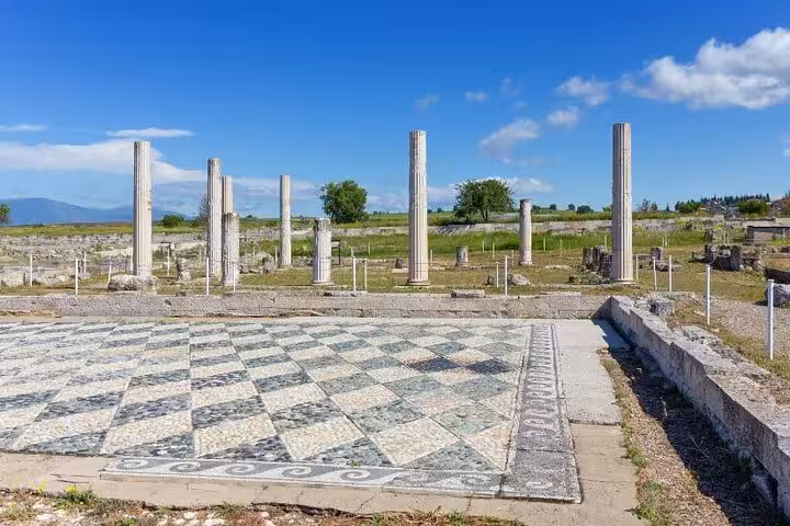 Ancient Pella ruins with mosaic floor and columns, stop on Alexander the Great private tour from Athens