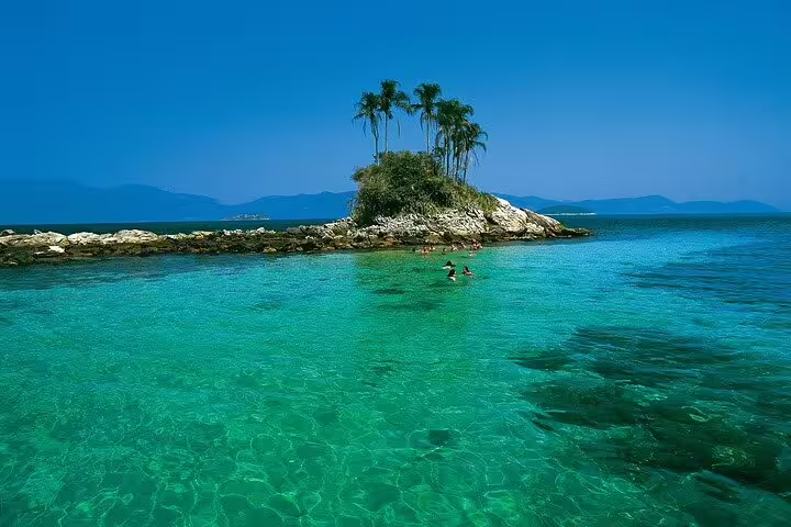 Scenic view of a small island with palm trees surrounded by turquoise waters, part of the Angra dos Reis speedboat tour.