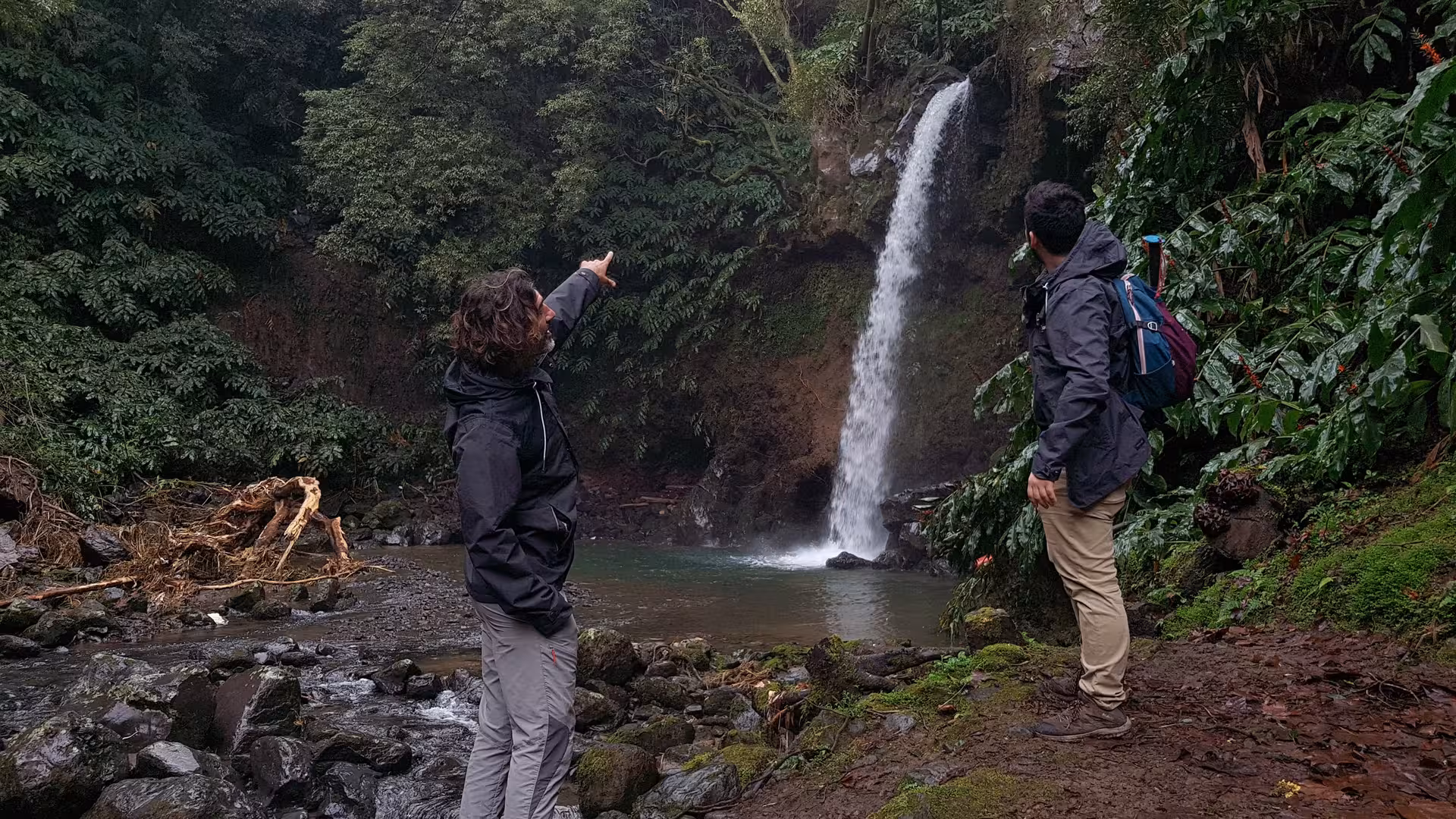Guided hikers admire a secluded waterfall and lush green canyon on the HIKE Lomba de São Pedro - Moinhos Félix trail